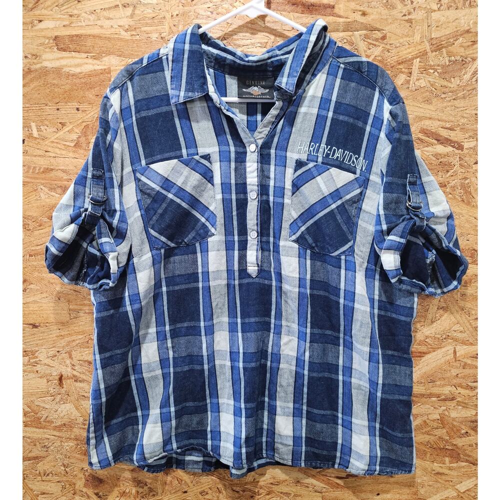 Y2K Harley Vintage Plaid Button Up Blue Plus Size 2XL
